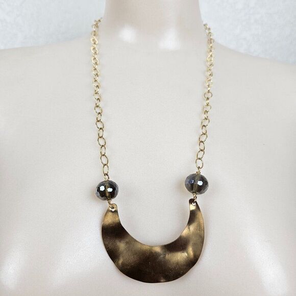 14/20 14k GF Gold Filled Necklace Hammered Crescent Half Moon Faceted AB Crystal - Picture 1 of 15